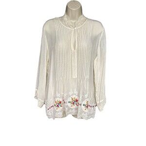 Johnny Was Size Large Embroiderer Lace Long Sleeve Cream V-Neck Blouse Top